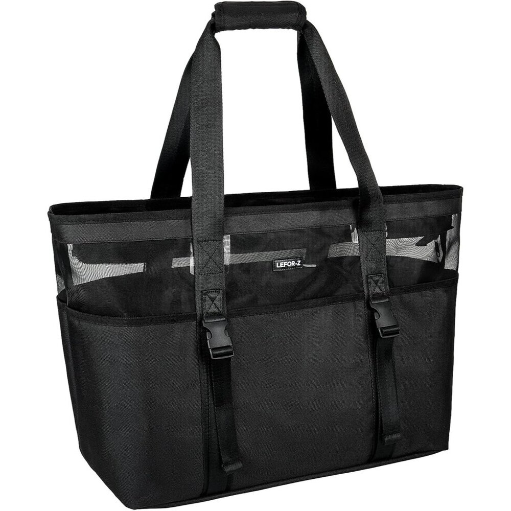 Women's Black with Front Buckles Mesh Beach Tote Waterproof Sandproof Beach Bag
